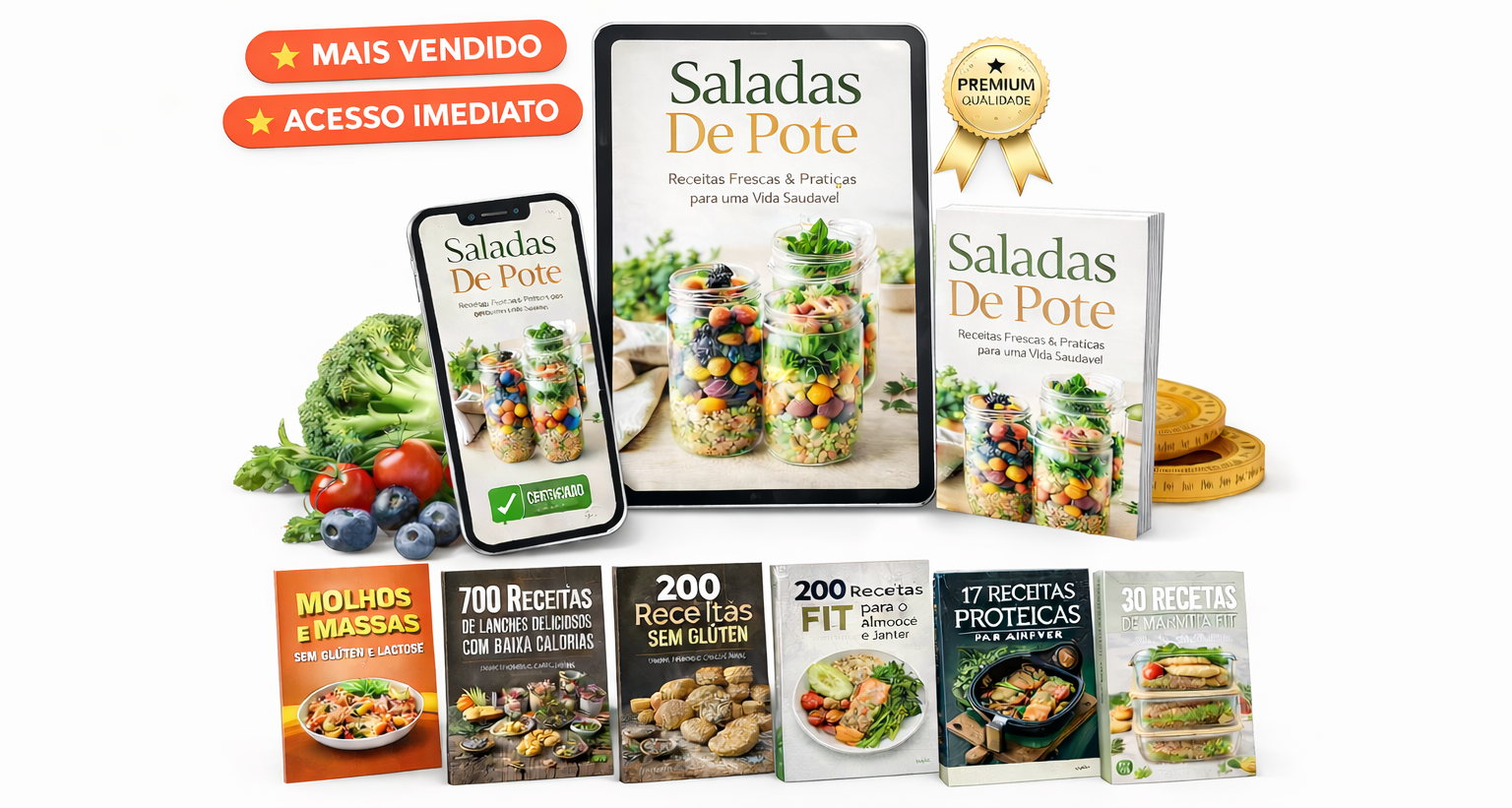 Promoção Saladas de Pote com tablet, celular e ingredientes