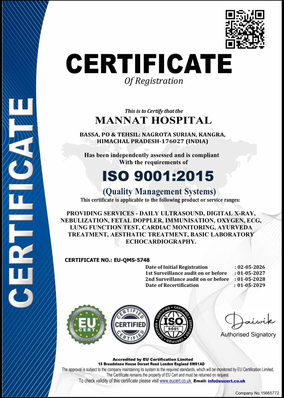 ISO 9001:2015 Quality Management System Certificate — Mannat Hospital Kangra, Certificate No: EU-QMS-5748