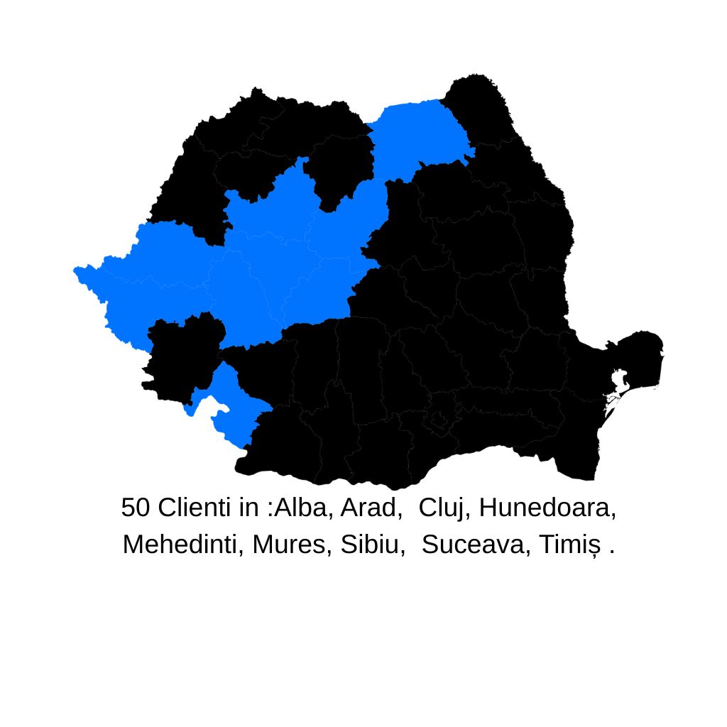 Harta distribuției clienților în județele: Alba, Arad, Cluj, Hunedoara, Mehedinti, Mures, Sibiu, Suceava, Timiş.