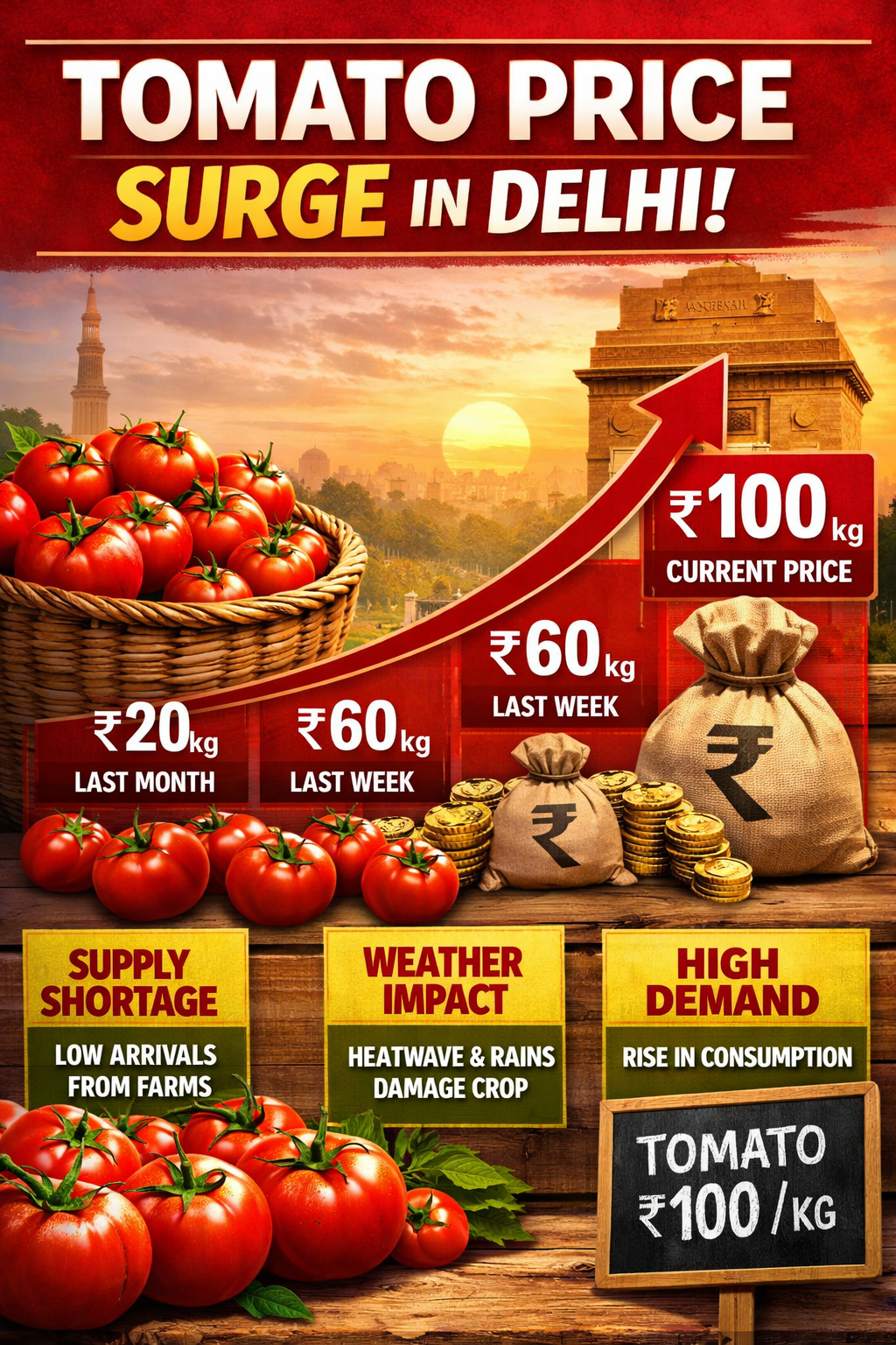 Tomato price surge infographic showing Delhi landmarks, current price 100/kg vs last week 60/kg, heatwave damage, and supply shortage causes.