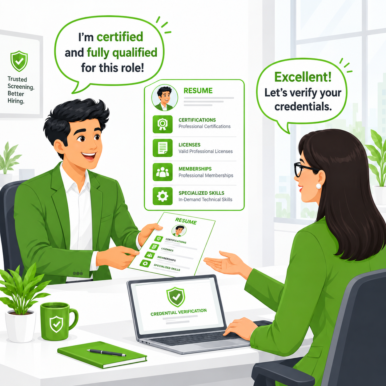 HR manager reviewing candidate credentials comic