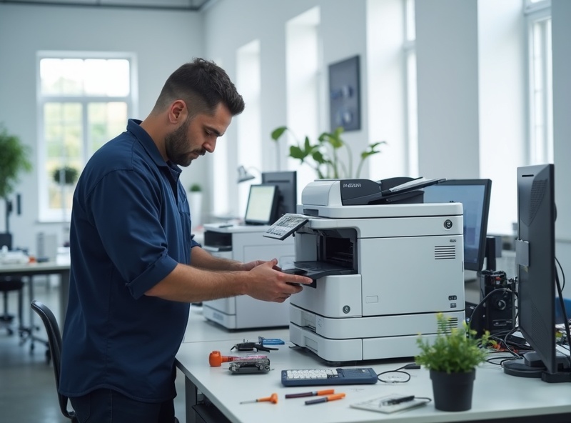 Técnico realizando manutenção em equipamento multifuncional
