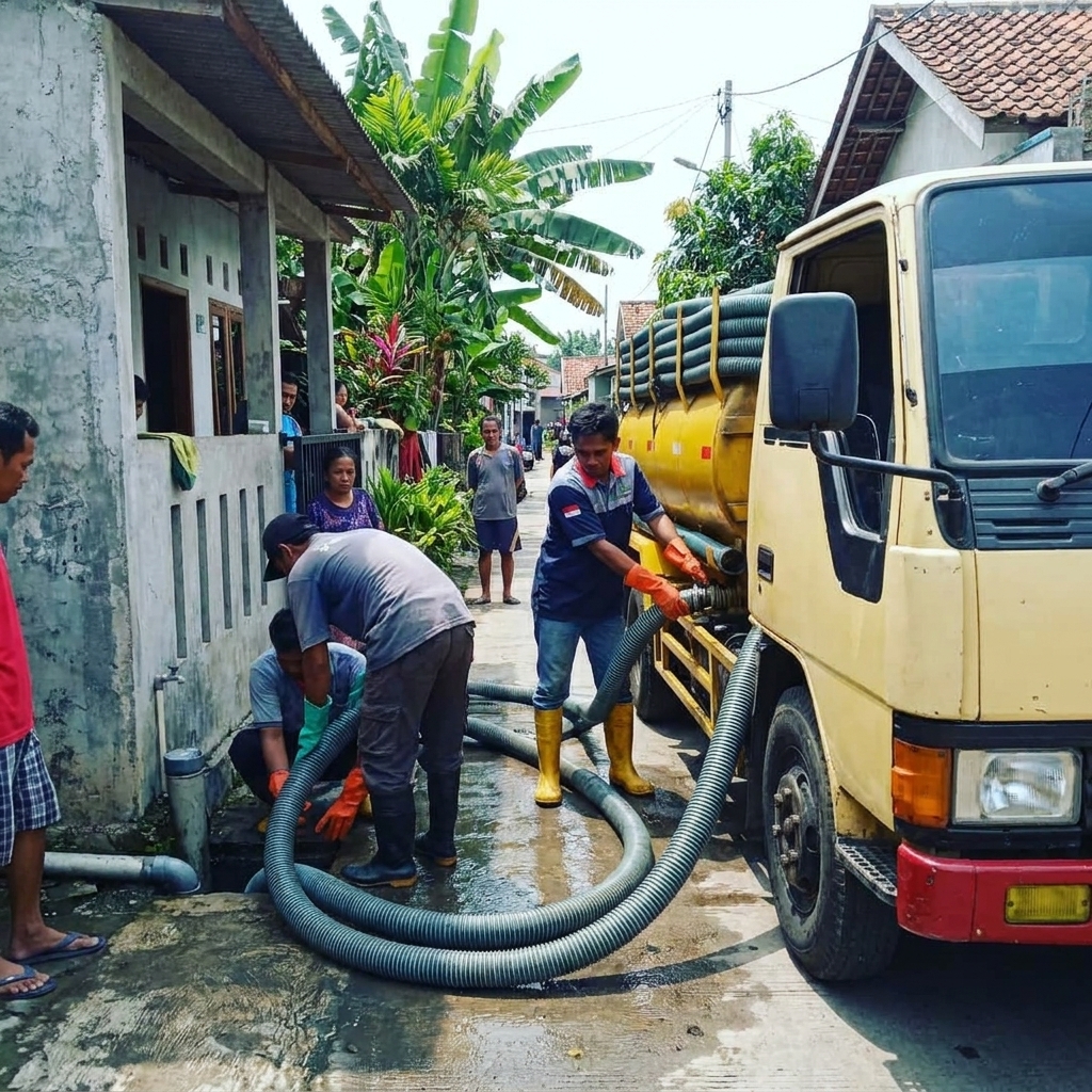 Warga menyaksikan pengerjaan sedot WC di gang permukiman Karawang