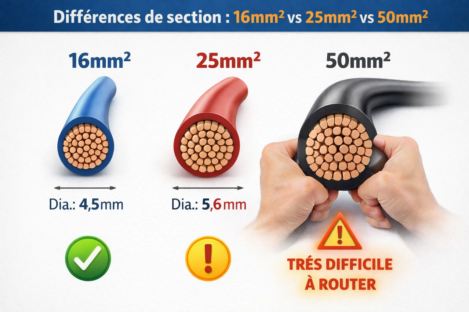 Comparaison visuelle sections câbles 16mm² 25mm² 50mm²
