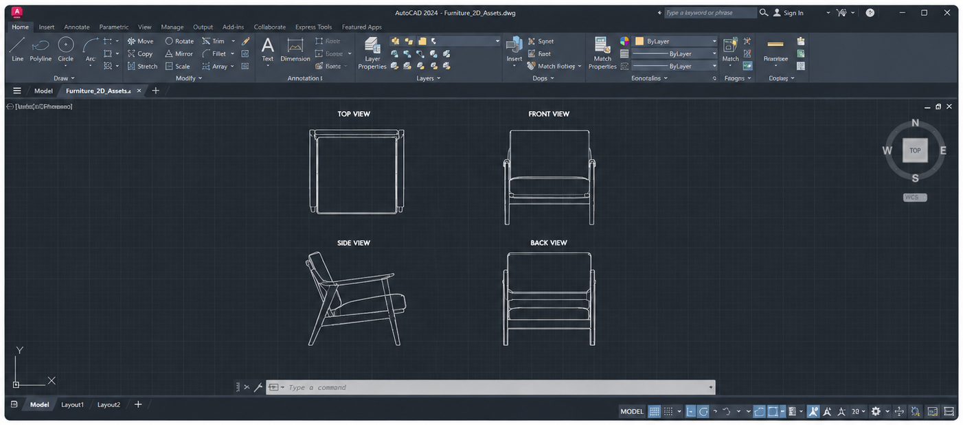 Interface AutoCAD avec Assets 2D