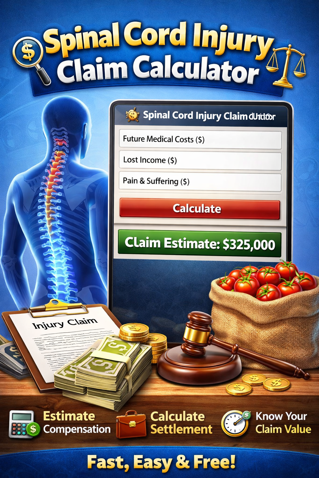 Spinal Cord Injury Claim Calculator tool interface showing input fields for future medical costs, lost income, and pain and suffering with a calculated claim estimate