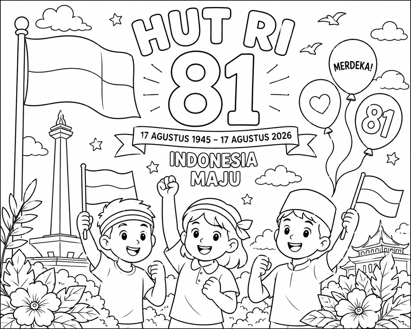 Gambar mewarnai HUT RI 81 tiga anak bawa bendera dengan monumen balon Merdeka dan bangunan tradisional