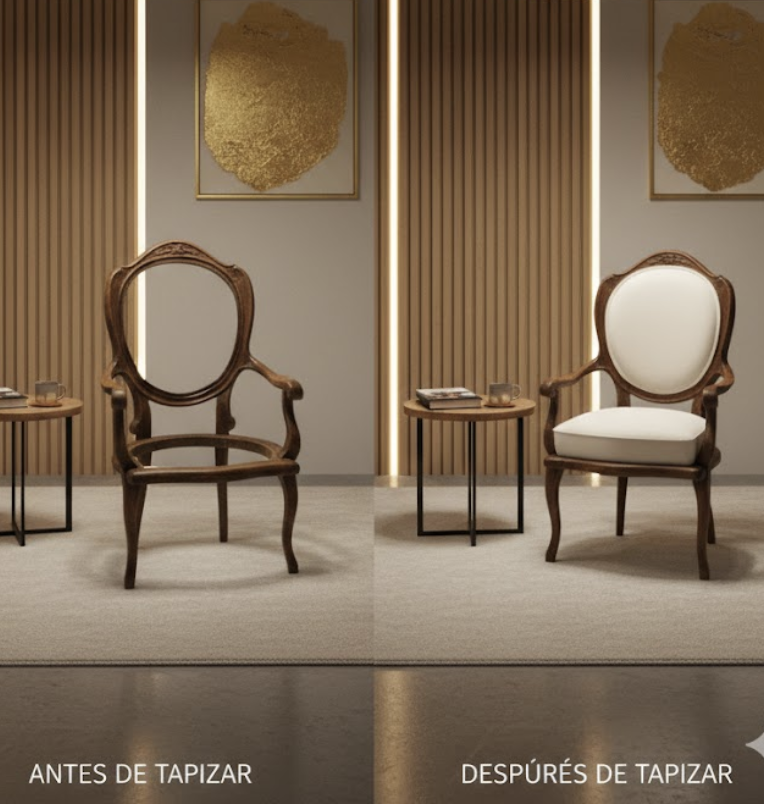 Comparación antes y después del tapizado de una silla