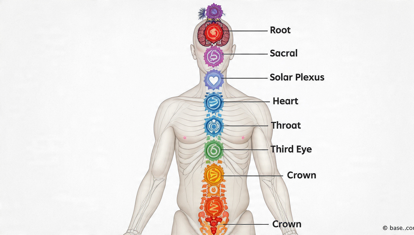 Seven chakras along the human spine showing the pathway of Sushumna Nadi