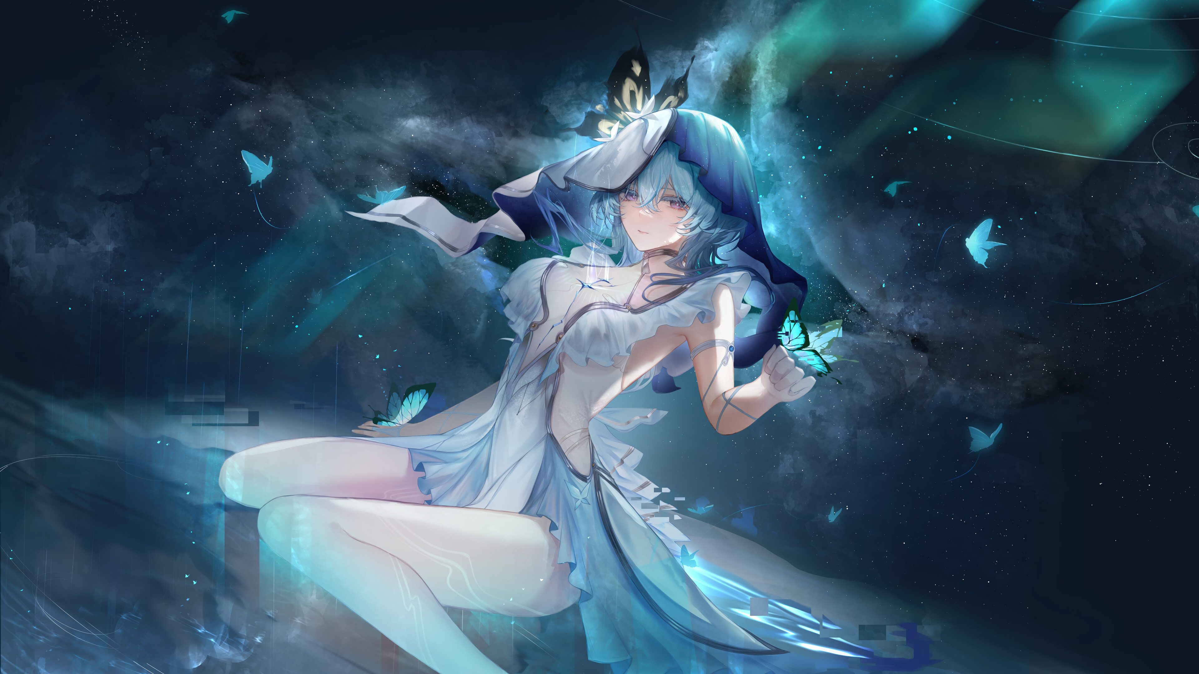 Wuthering Waves White Dress Blue Butterflies Starry Sky