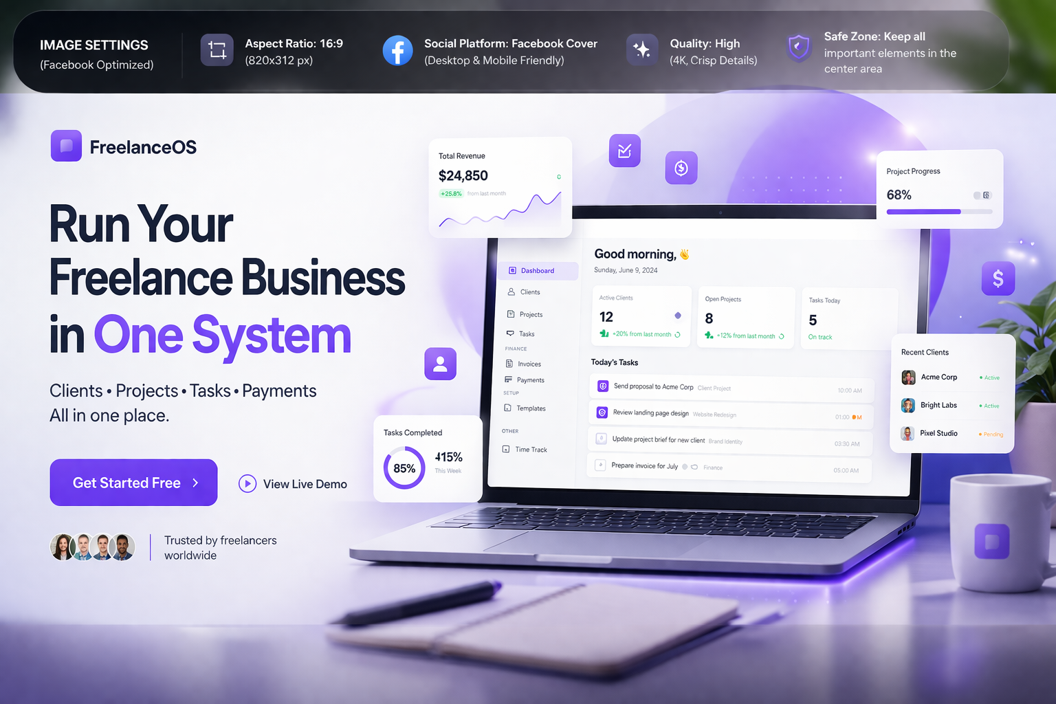 FreelancerOS Dashboard — Run Your Freelance Business in One System with Clients, Projects, Tasks, and Payments tracking