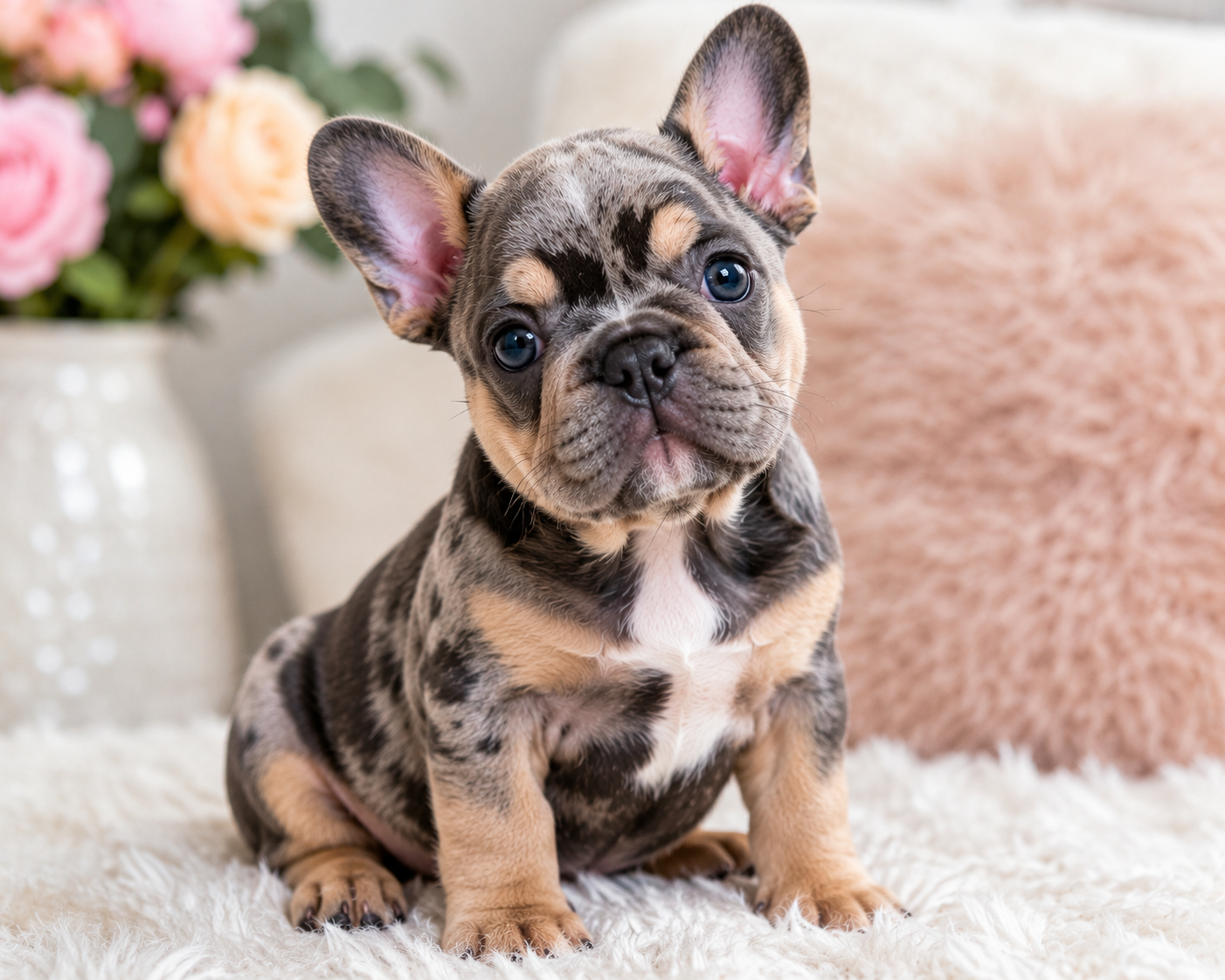 Merle French Bulldog puppy with blue eyes representing breeding quality at Little Frenchie Paw