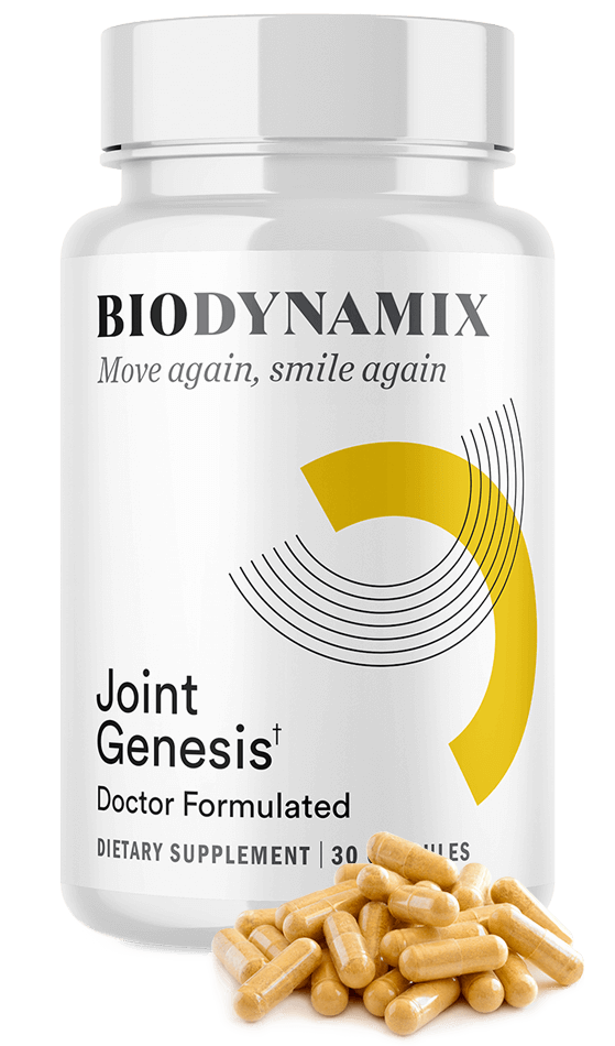 Joint Genesis bottle with capsules arranged in front, BioDynamix promotional product photo