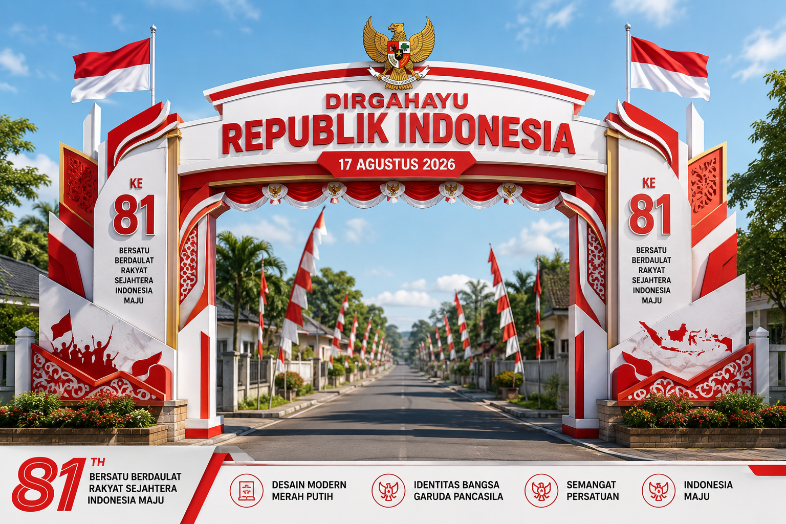 Desain gapura HUT RI Ke-81 dengan nuansa merah putih dan tulisan Dirgahayu Republik Indonesia 17 Agustus 2026