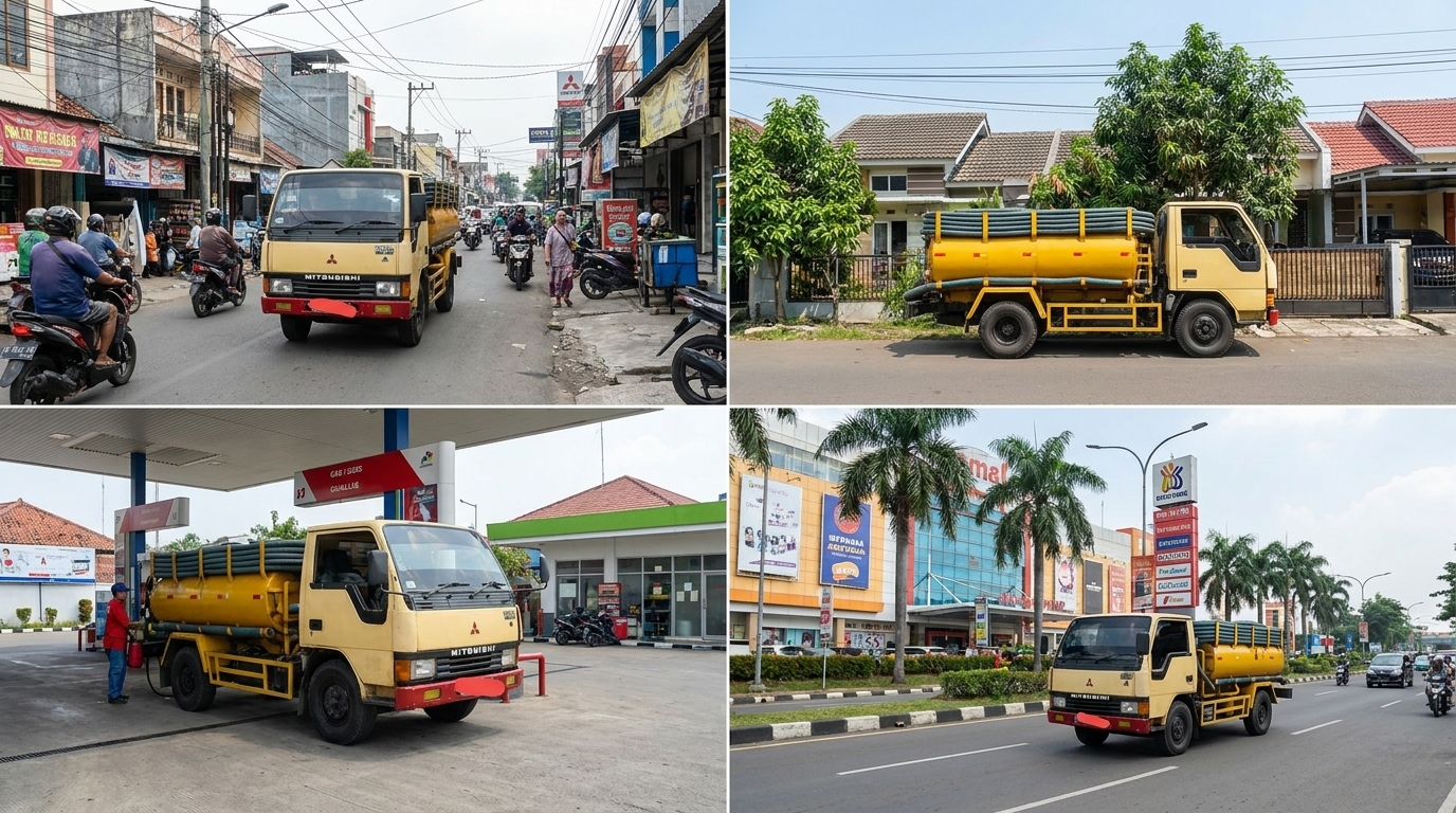 Truk sedot WC Bekasi beroperasi di jalan kota dengan lalu lintas ramai