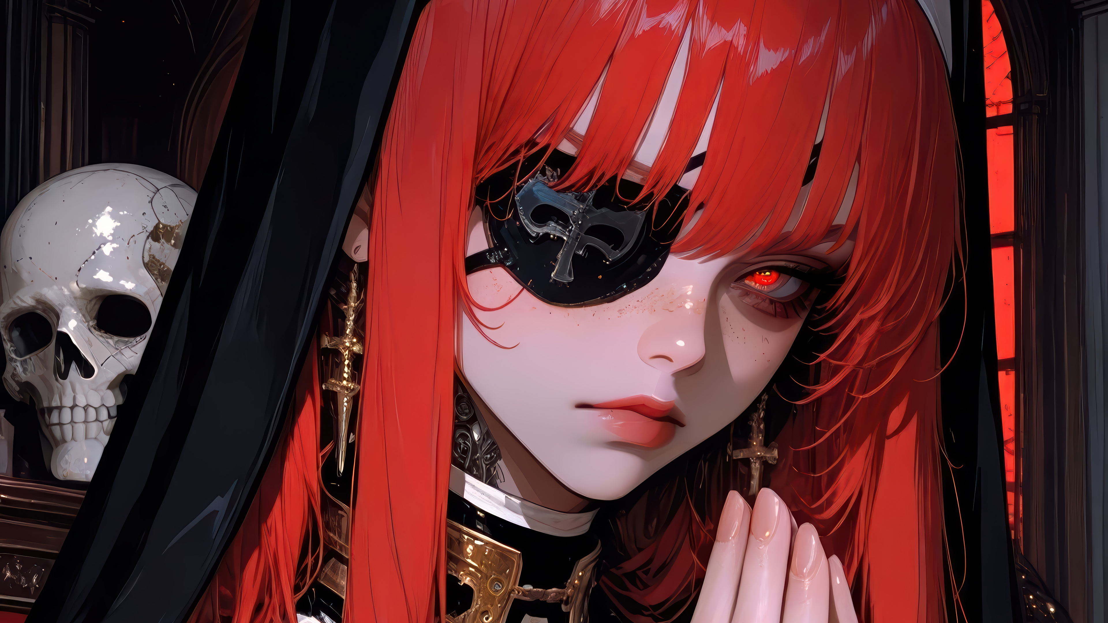 Gothic Red Hair Eyepatch Anime