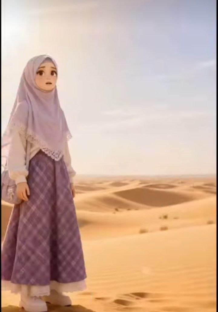 Wanita berhijab ungu berdiri dengan percaya diri di tengah gurun pasir yang luas dengan langit cerah.