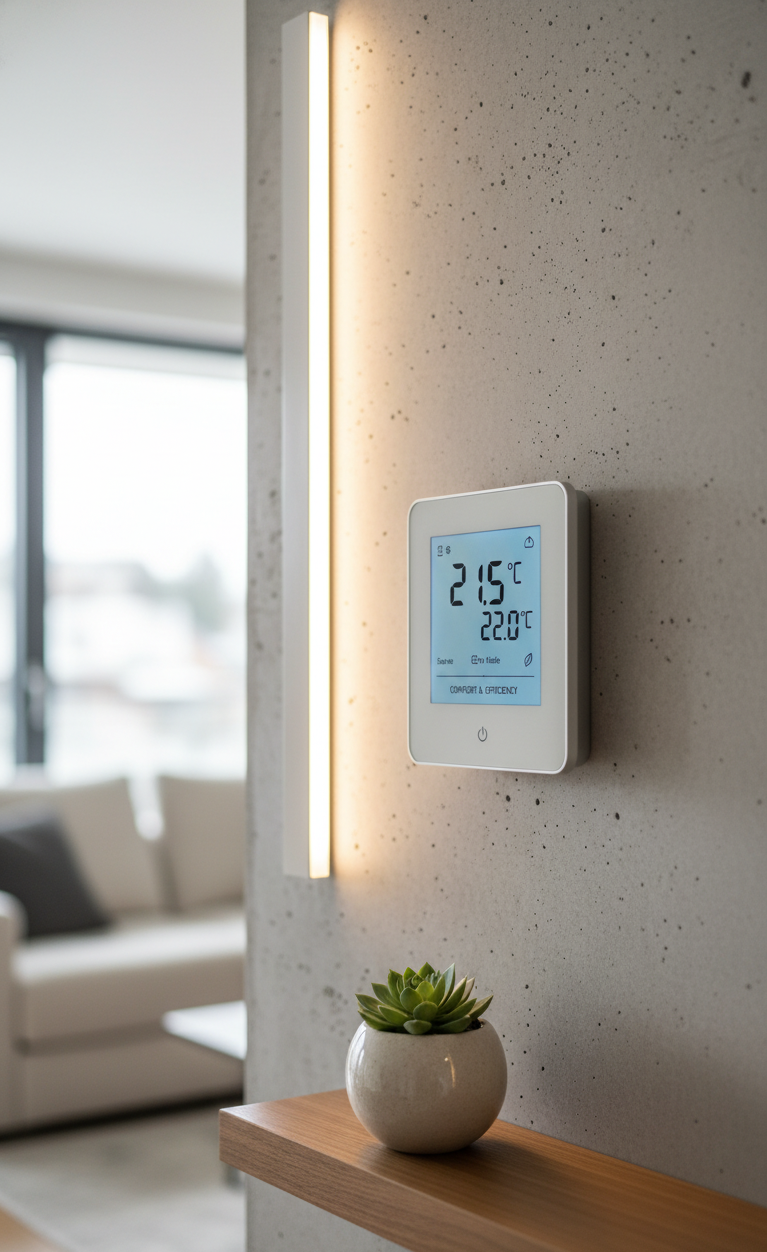 Modern smart thermostat displaying temperature readings in a minimalist interior