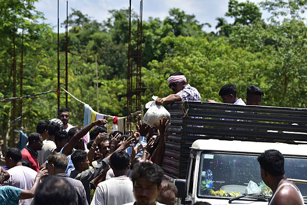 Truck distributing relief supplies