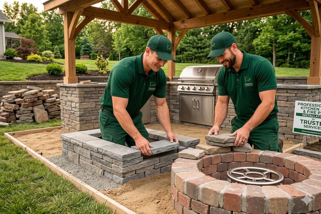Two professional workers in green uniforms laying stone pavers to build an outdoor kitchen and fire pit installation with wooden pergola stainless steel grill stacked stone materials and greenery at a residential backyard job site with a sign reading Professional Kitchen and Fire Pit Installation by Trusted Services