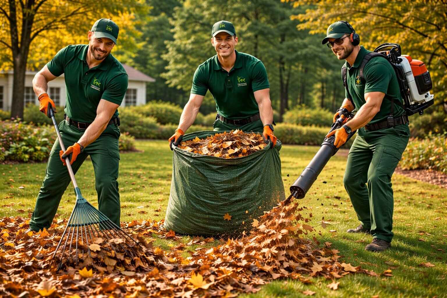 Trusted Lawn Services professional team in green uniforms performing leaf removal service with rakes backpack blowers and leaf bags during fall yard cleanup on residential lawn