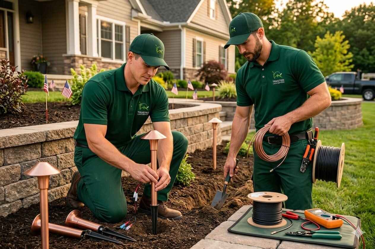 Two professional workers in green Trusted uniforms installing landscape lighting fixtures in a residential yard with copper path lights wire spools and electrical equipment with house and stone wall in background