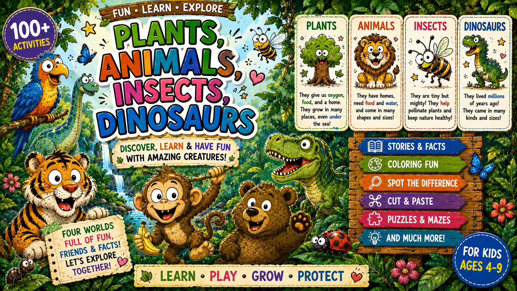 Plants, Animals, Insects & Dinosaurs Activity Book