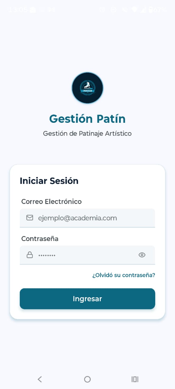 Pantalla de inicio de sesión de la app Gestión de Patinaje Artístico