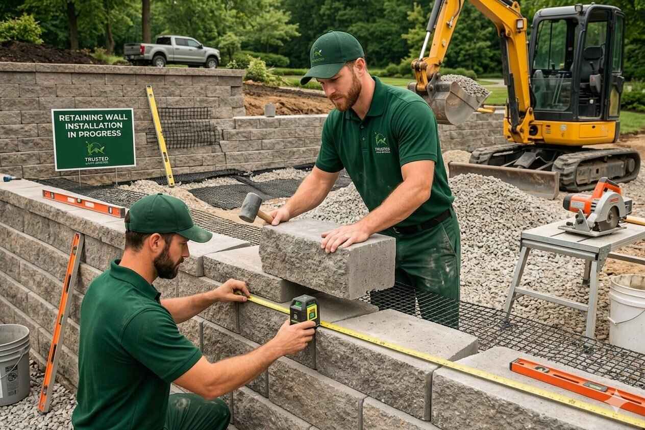 Professional retaining wall installation crew building a stone wall in Plano TX