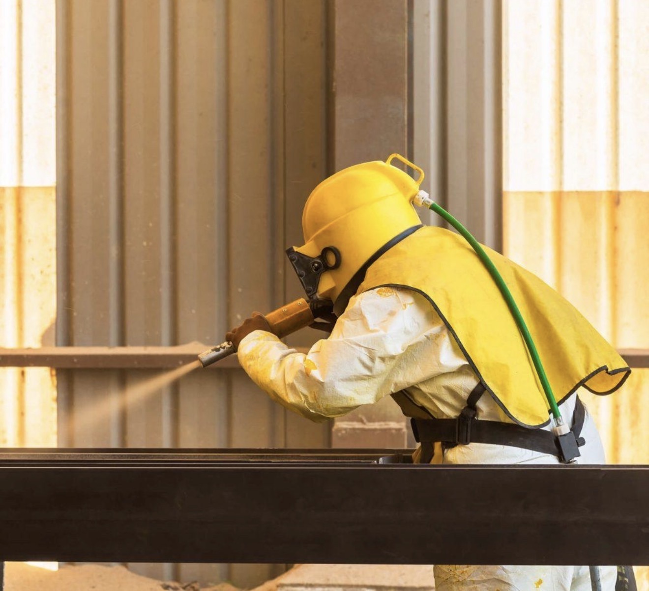 Industrial worker in protective gear using a spray gun