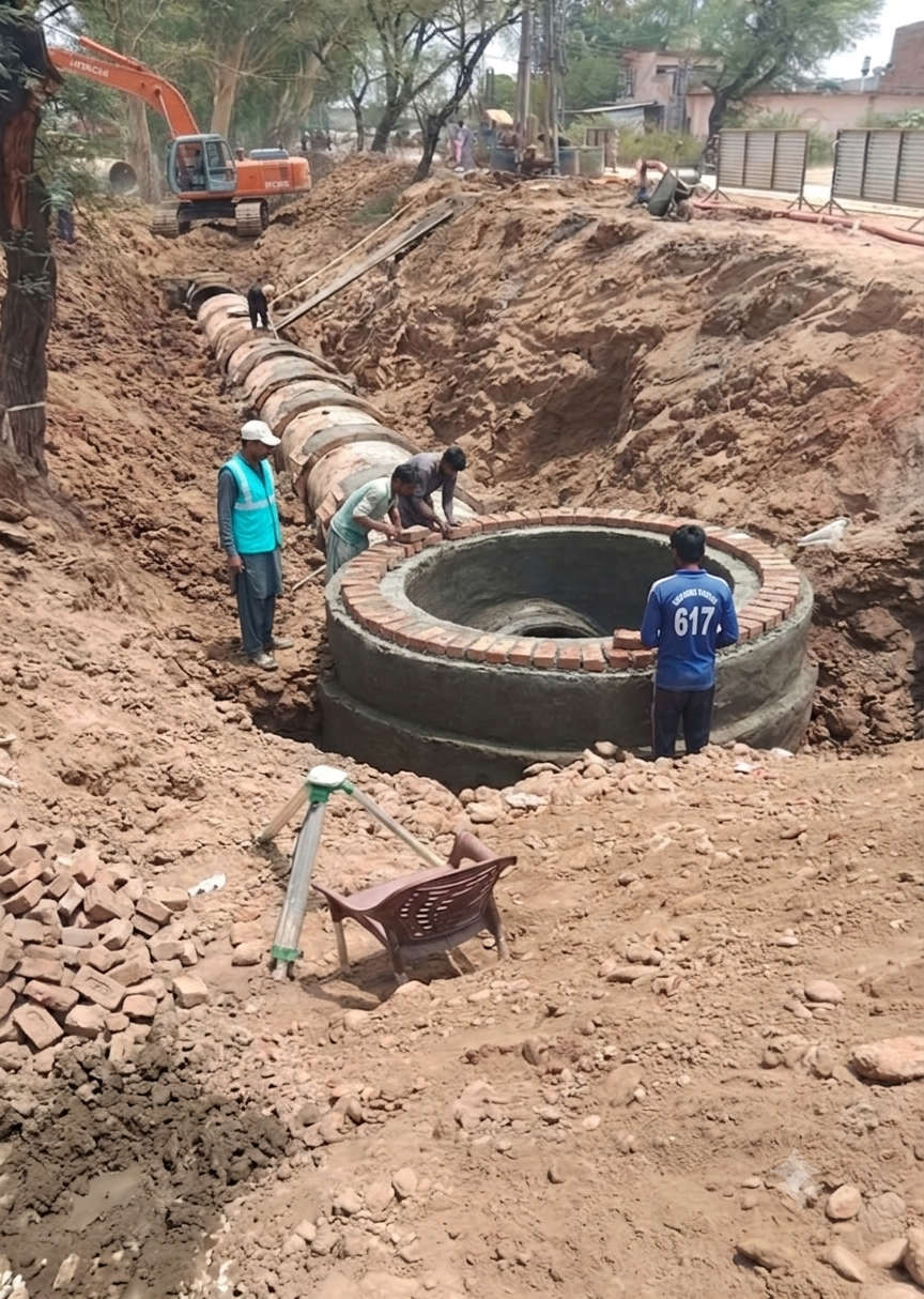 Excavator and workers laying RCC Sewer 54 inch dia at Kotla Faqir