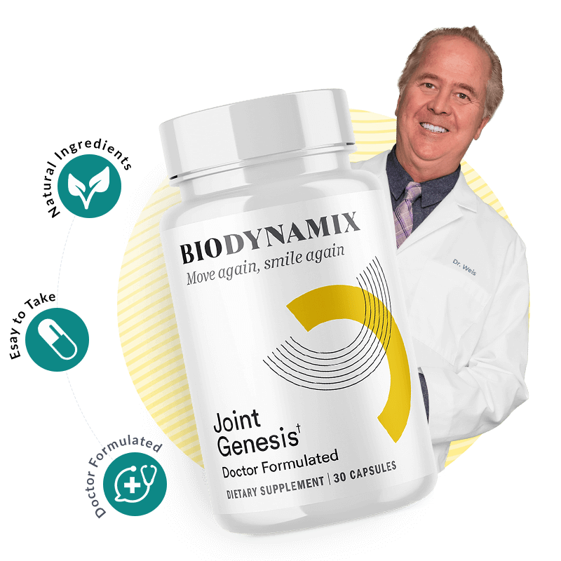 Joint Genesis bottle by BioDynamix with a physician in white coat, surrounded by 'Doctor Formulated', 'Natural Ingredients', and 'Easy to Take' callouts