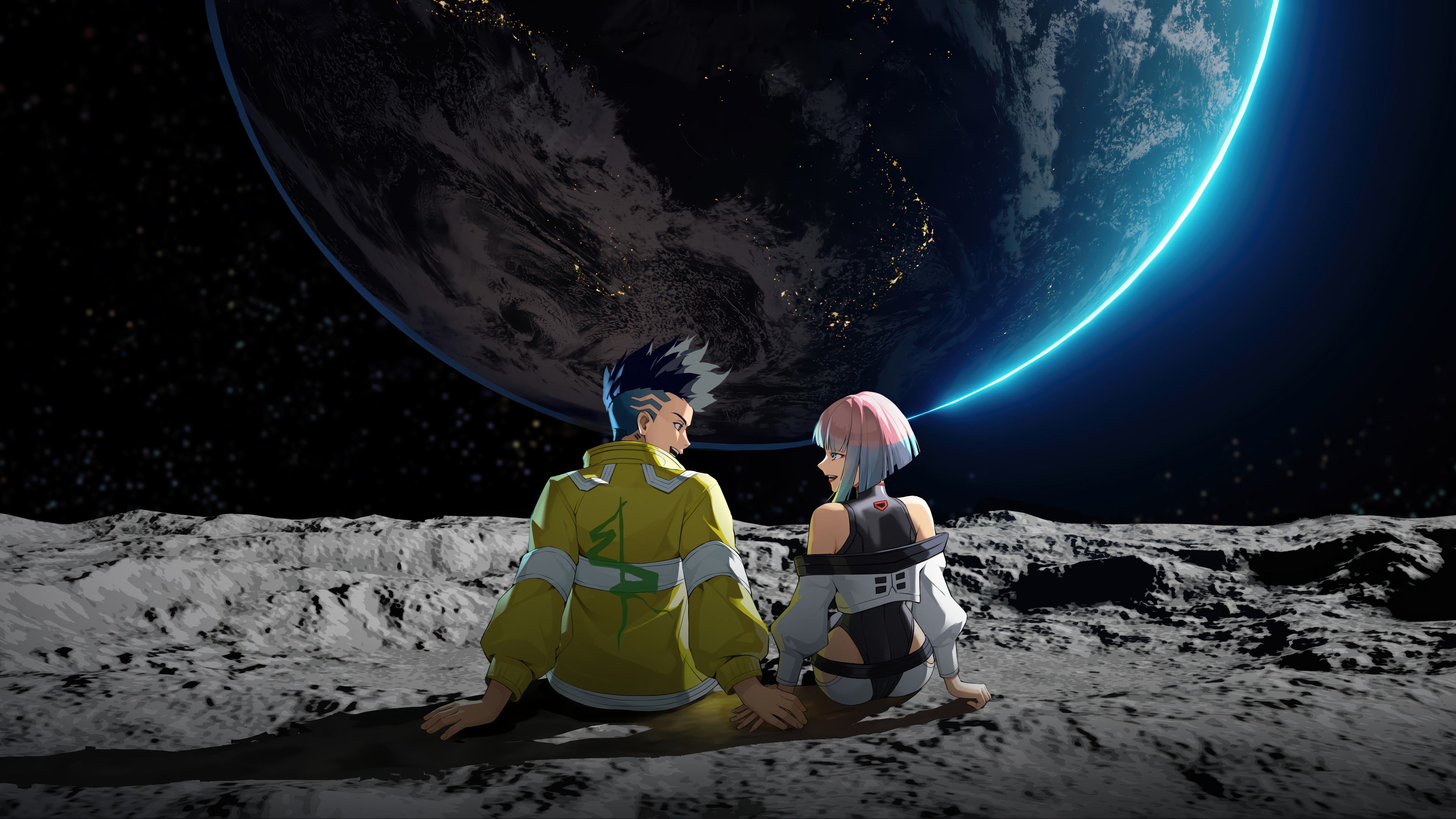Moon Surface Earth Starry Sky Anime