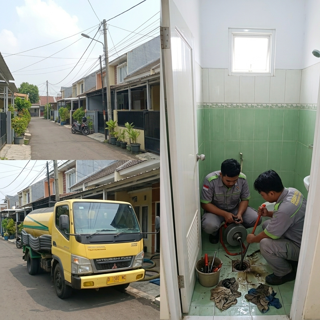 Teknisi memperbaiki saluran mampet di dalam kamar mandi