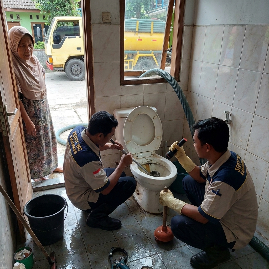 Servis WC mampet di kamar mandi oleh teknisi Sedot WC Karawang