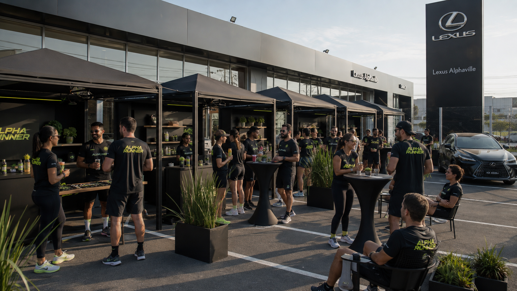 Área externa da Lexus Alphaville com atletas Alpha Runner