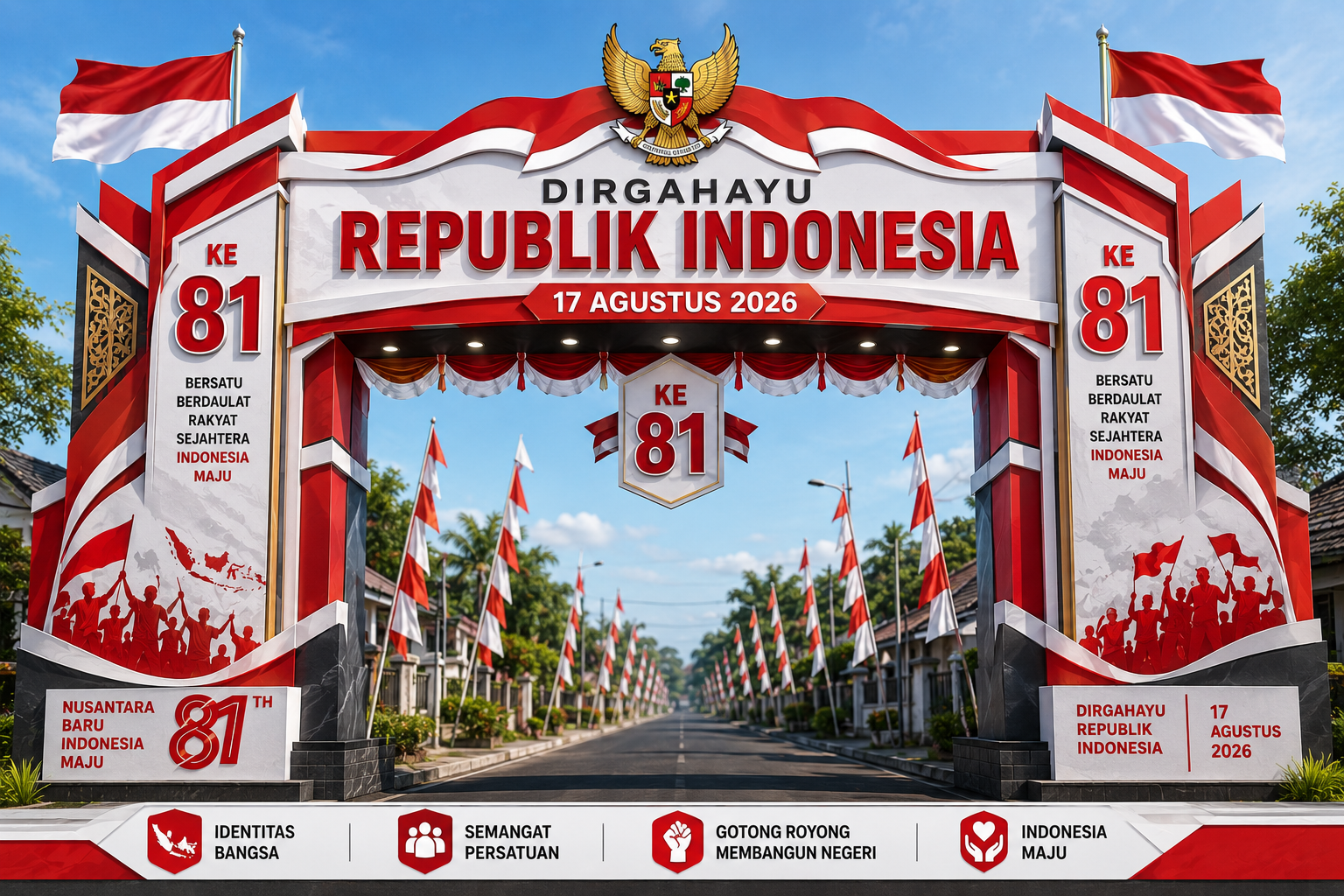 Desain gapura HUT RI 81 dengan identitas bangsa dan lambang negara