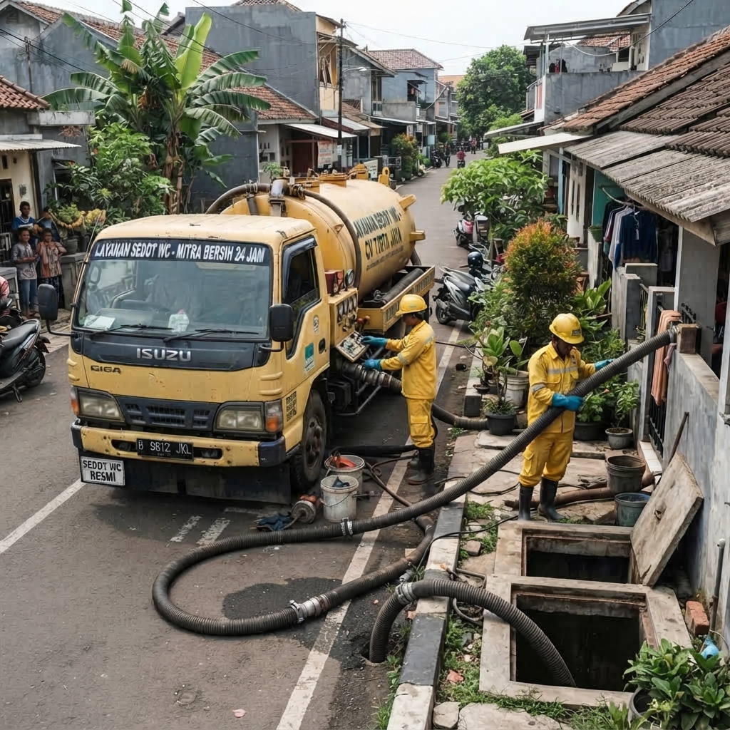 Truk Isuzu kuning Layanan Sedot WC Mitra Bersih 24 Jam saat proses penyedotan di perumahan warga