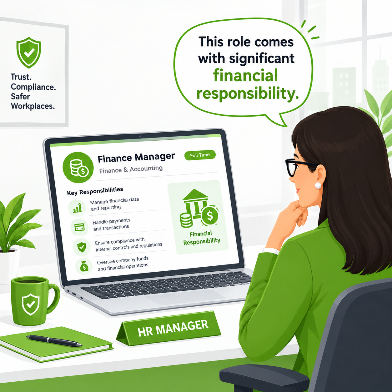 HR manager reviewing Finance Manager job description comic