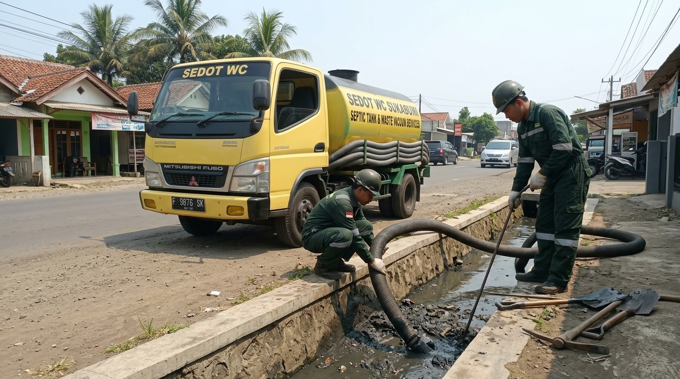 Tim teknisi berbaju hijau sedot WC Sukabumi membersihkan saluran dengan selang profesional