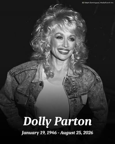 A memorial portrait of Dolly Parton in black and white, wearing a denim jacket with her signature voluminous curls