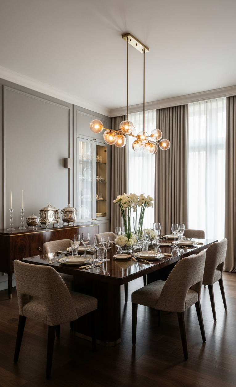 Modern elegant dining room with dark table and unique pendant light