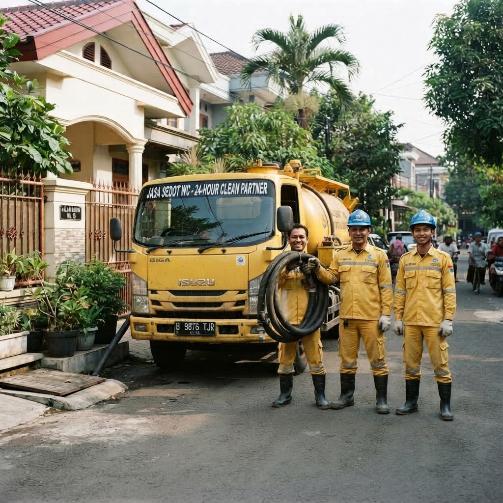 Tiga teknisi sedot WC berdiri di depan truk Isuzu kuning Jasa Sedot WC 24 Jam di Karawang