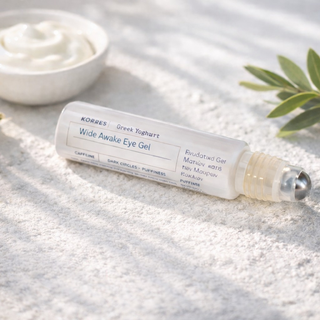 KORRES Wide Awake Eye Gel Kemasan Putih dan Tekstur Gel