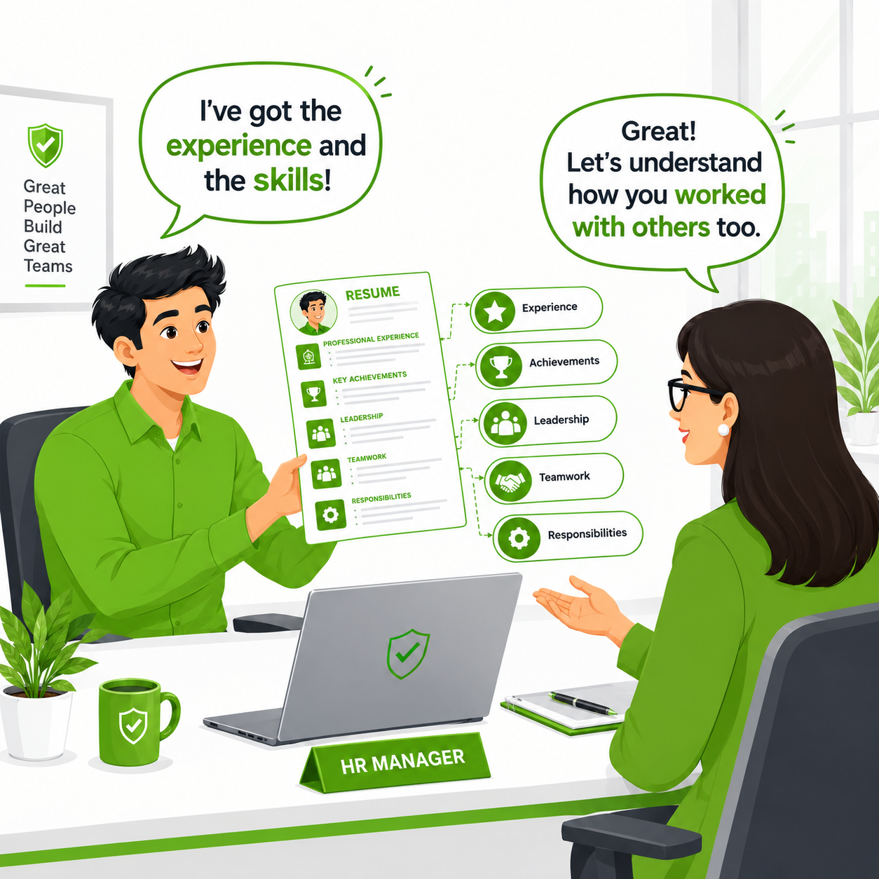 HR manager interviewing candidate with strong skills comic