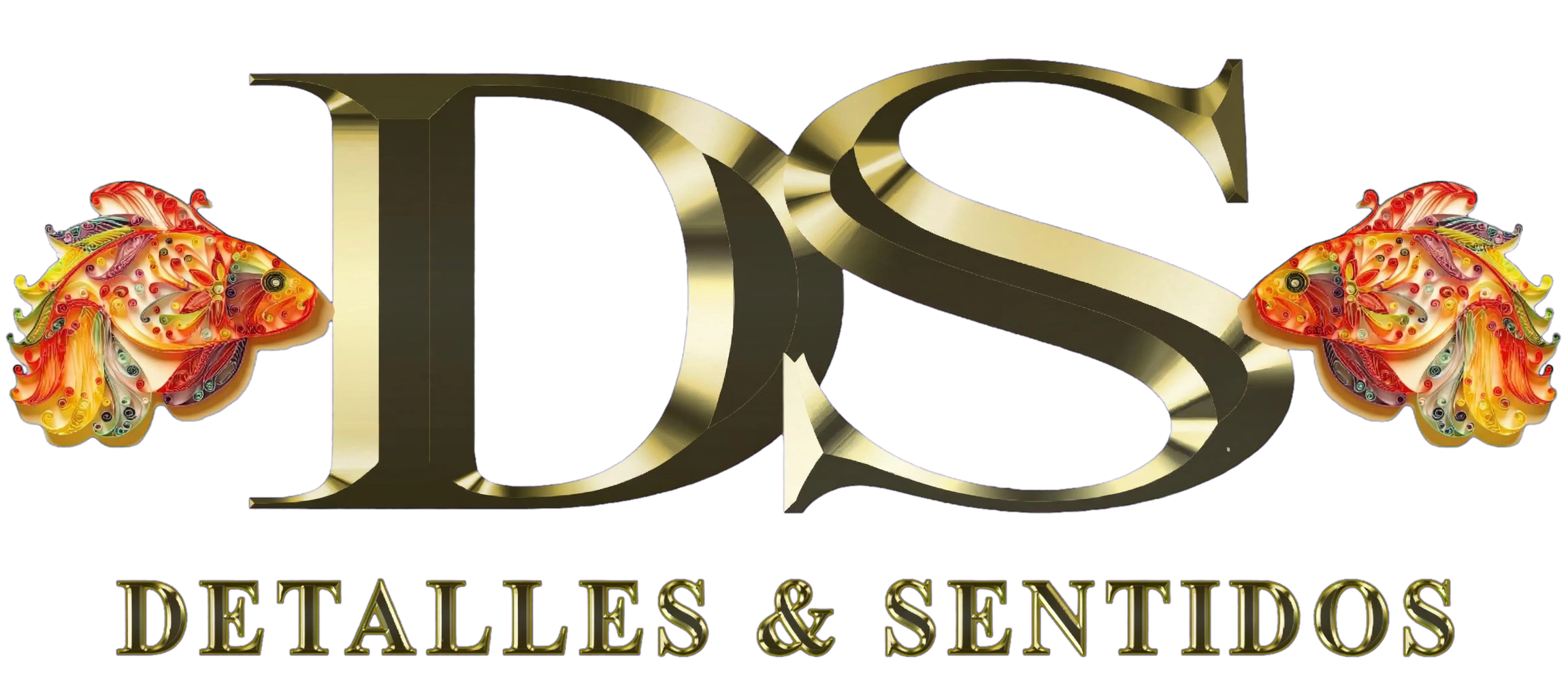 Logotipo de Detalles & Sentidos: monograma dorado DS flanqueado por dos peces de quilling y el nombre en serif dorado