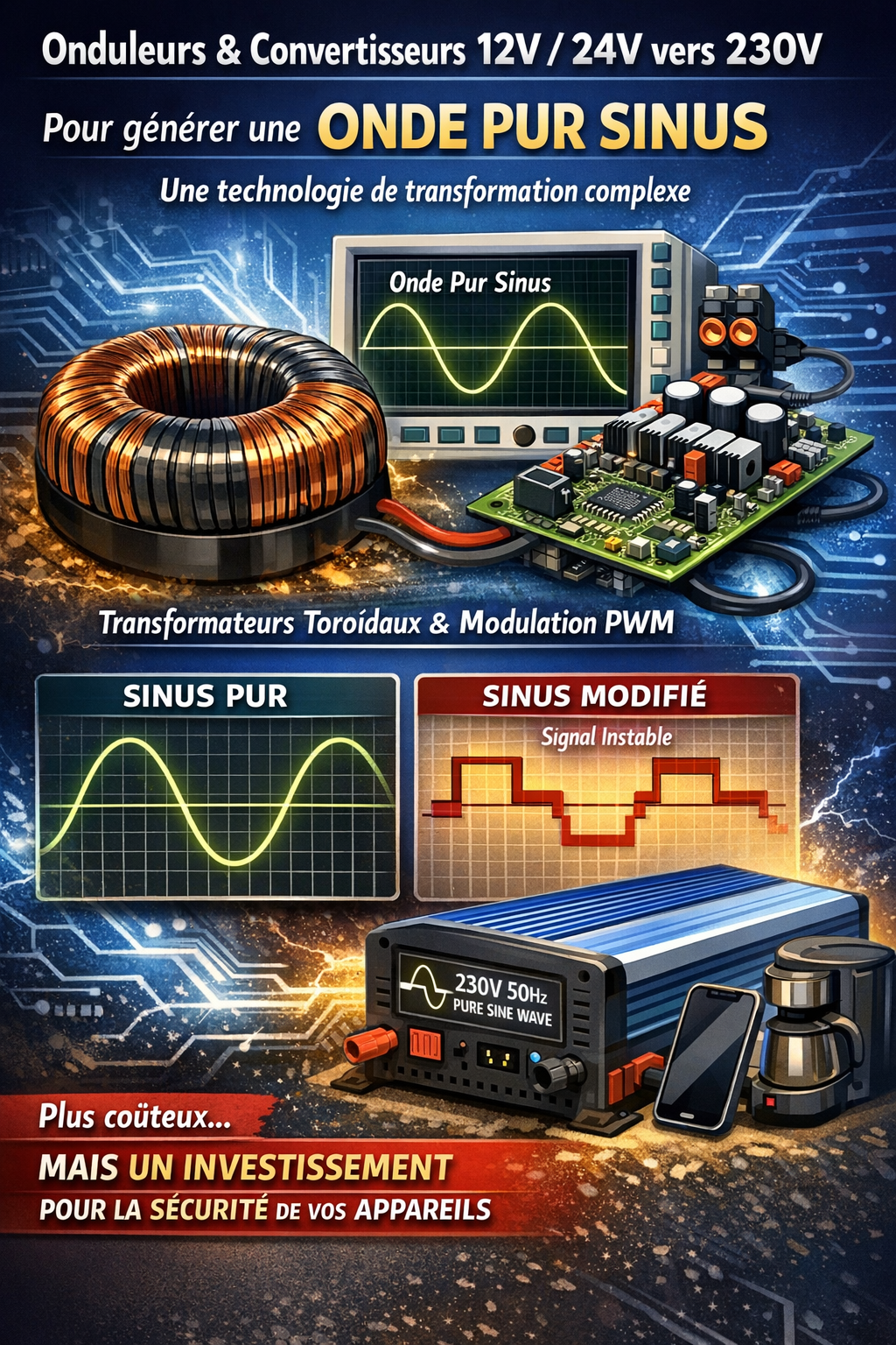 Technologie d'onduleur 12V 24V vers 230V : transformateur toroïdal, modulation PWM et onde pur sinus pour protéger appareils électroniques.