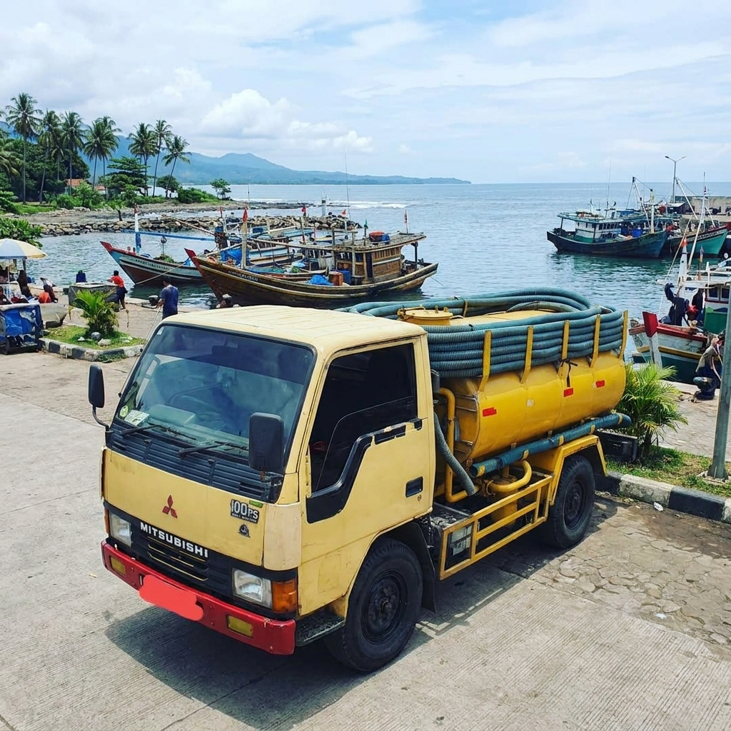 Truk sedot WC di Pelabuhan Ratu Sukabumi dengan latar perahu nelayan