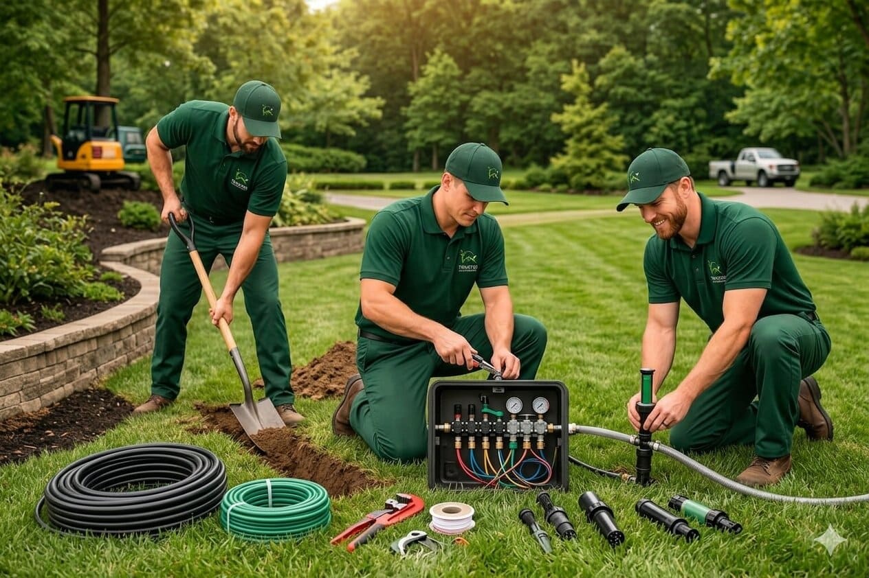 Trusted Lawn Services crew in green uniforms installing underground sprinkler irrigation system on residential lawn, one worker digging trench with shovel, two workers operating irrigation equipment with hoses and toolboxes, work trucks in background