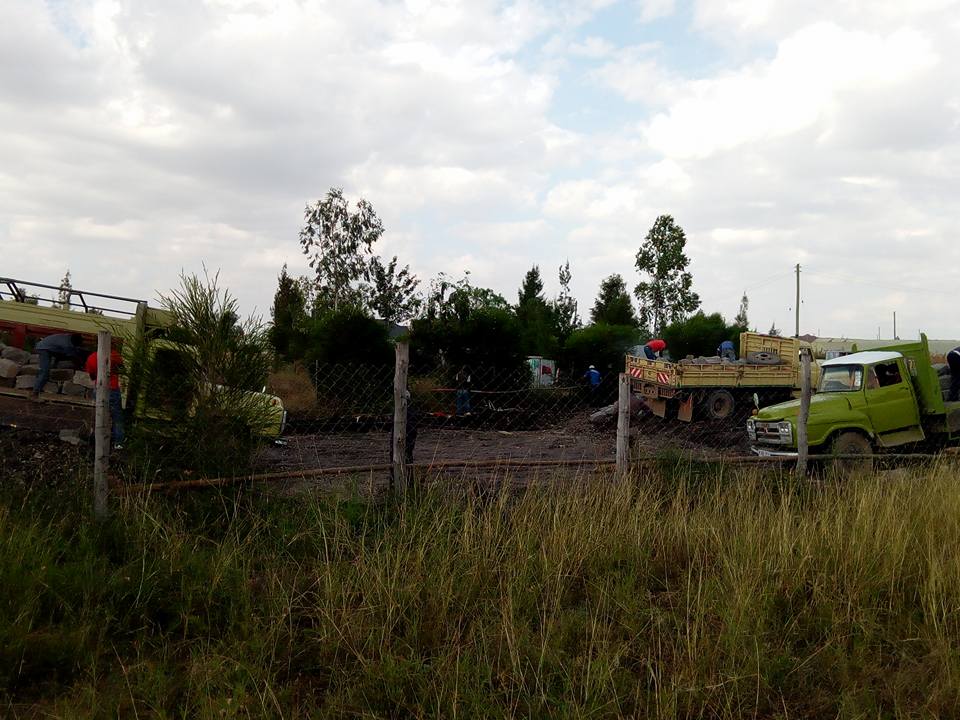 Green construction vehicles and workers